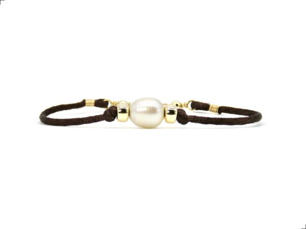 Pulsera Cordón Seda Poliéster Café Oro Italiano 14k Perla Natural By Thiago Turcott®