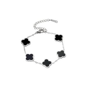 Pulsera Trébol Ágata Negra Titanio Plateado 18k