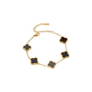 Pulsera Trébol Ágata Negra Titanio Dorado 18k